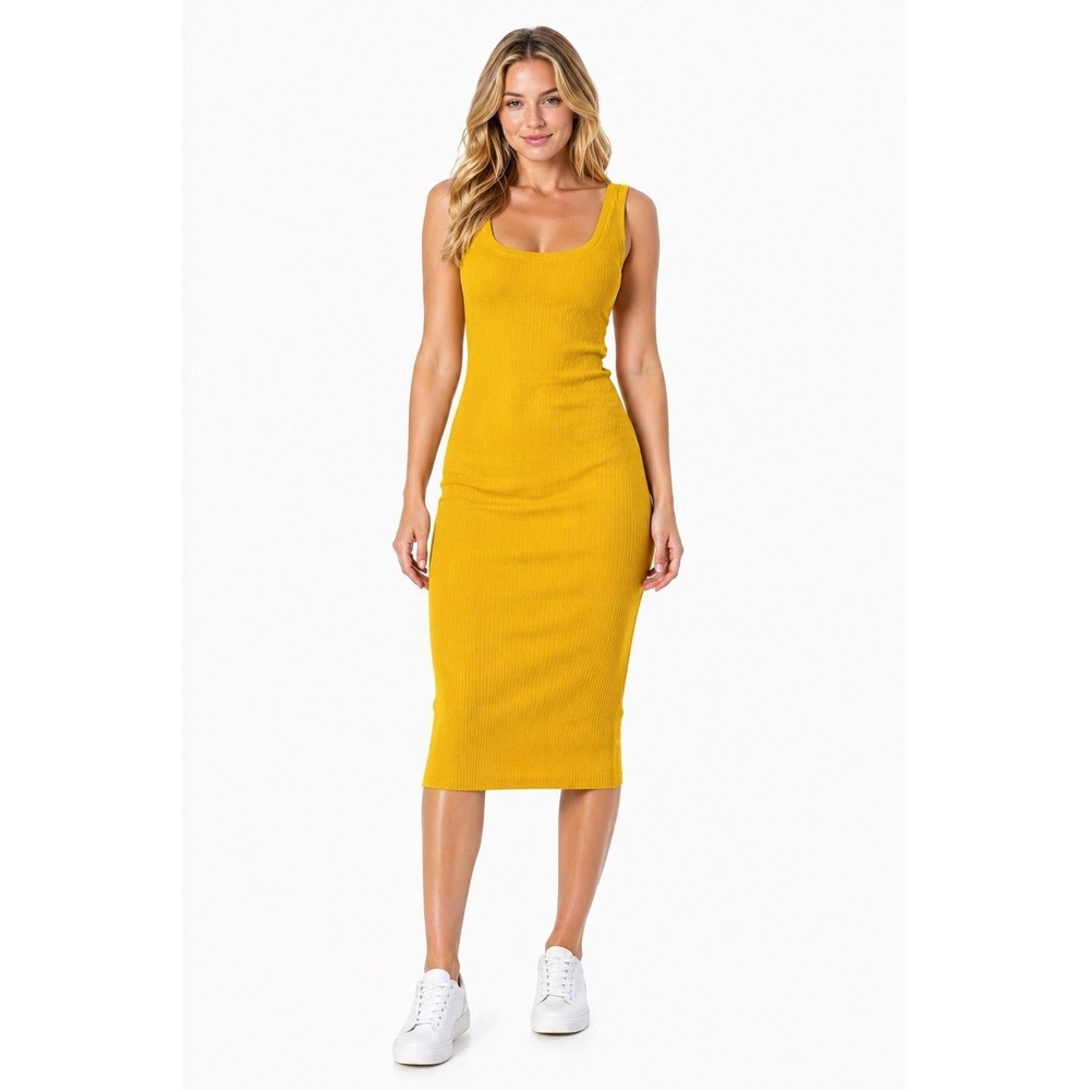 Cotton Citizen Yellow Ribbed Midi Dress Bodycon Tank Scoop Neck Summer Stretch